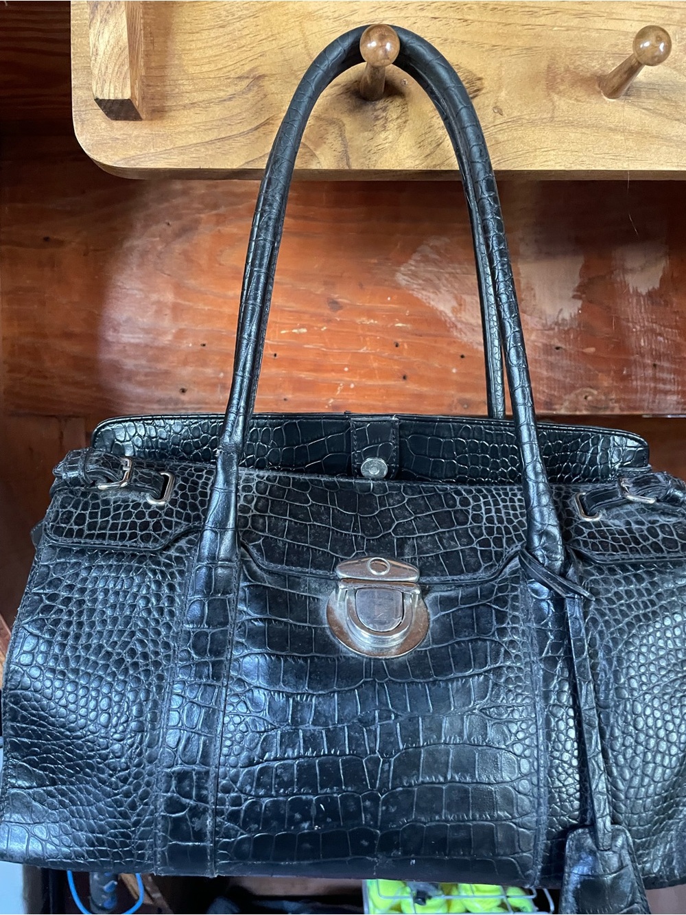 LOFT Black Croc-Embossed Satchel with Turn-Lock